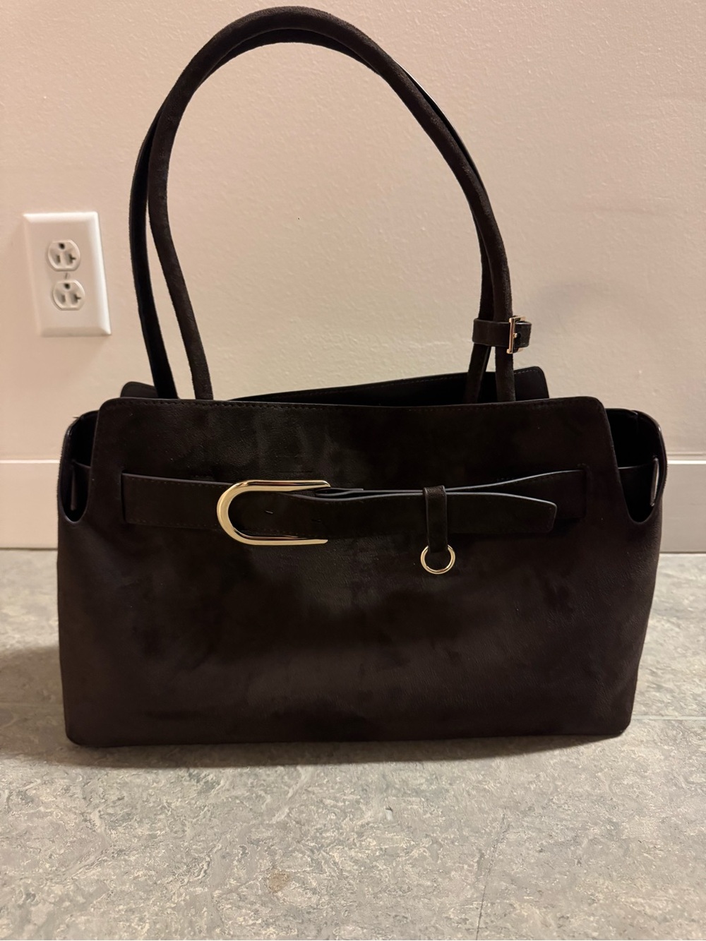 Brown Women's Suede Tote Handbag with Gold Buckle HM